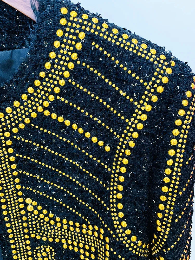 Trend4us Women's Embellished Gold Studded Tweed Jacket
