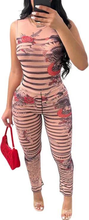 Uni Clau Sexy Mesh Jumpsuits for Women Sleeveless Sheer See Through Floral Print 2 Piece Set Bodysuit Pants Set Club Outfits