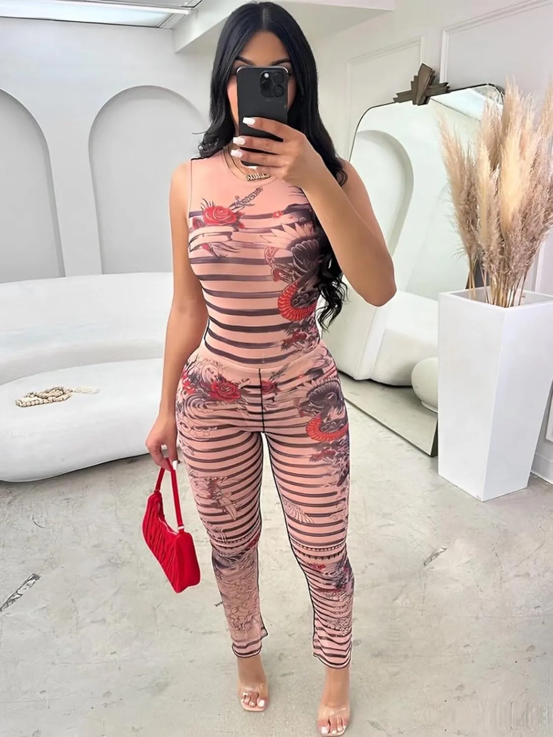 Uni Clau Sexy Mesh Jumpsuits for Women Sleeveless Sheer See Through Floral Print 2 Piece Set Bodysuit Pants Set Club Outfits