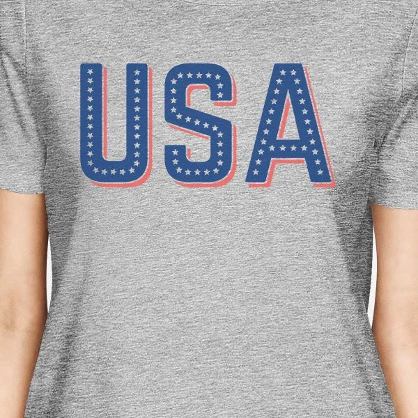 USA With Stars Unique USA Letter Printed Womens Short Sleeve Shirt