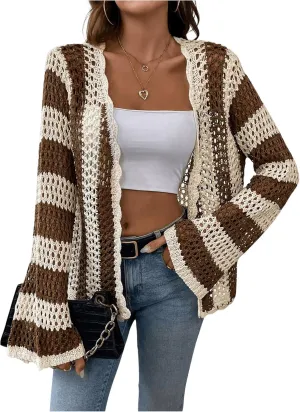 Verdusa Women's Open Front Long Sleeve Striped Crochet Hollow Out Cardigan Sweater