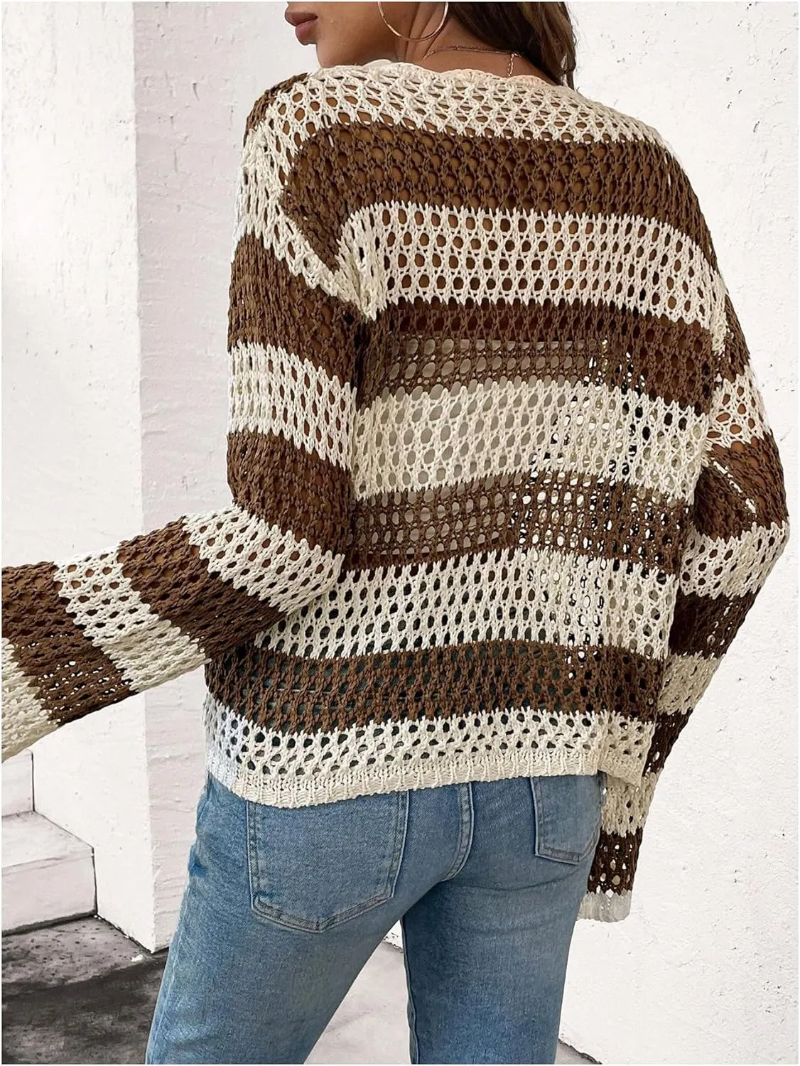 Verdusa Women's Open Front Long Sleeve Striped Crochet Hollow Out Cardigan Sweater