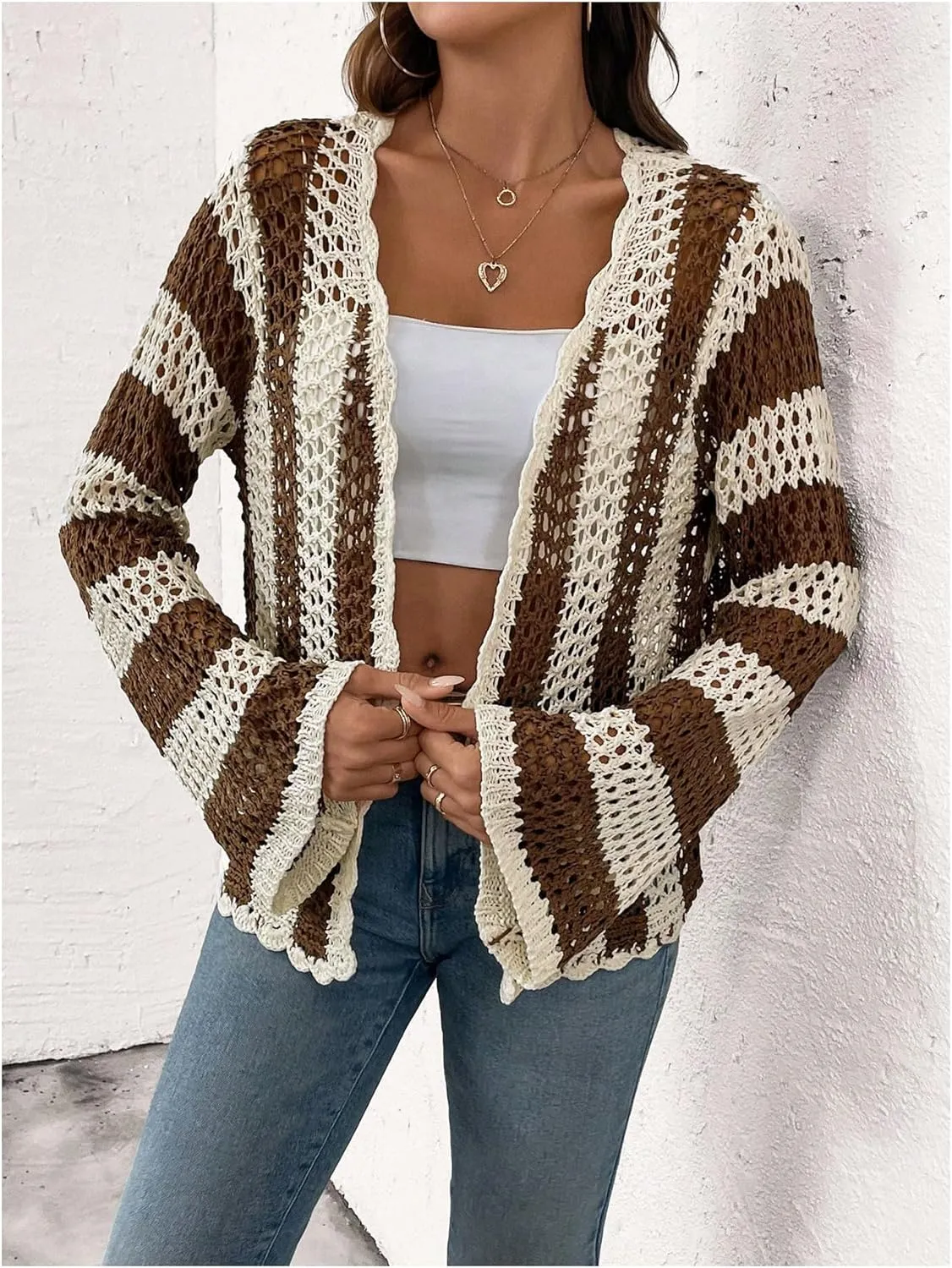 Verdusa Women's Open Front Long Sleeve Striped Crochet Hollow Out Cardigan Sweater