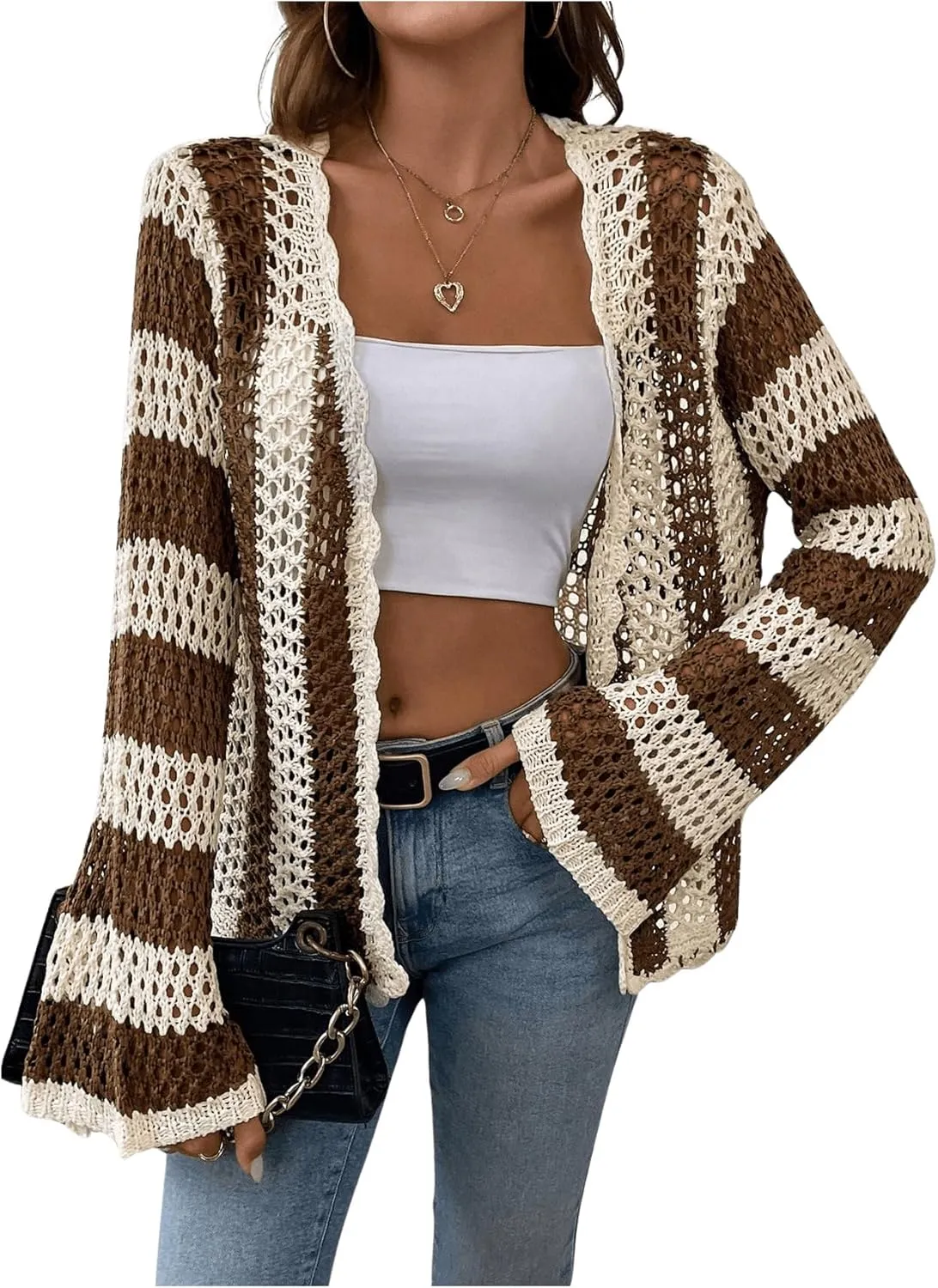 Verdusa Women's Open Front Long Sleeve Striped Crochet Hollow Out Cardigan Sweater