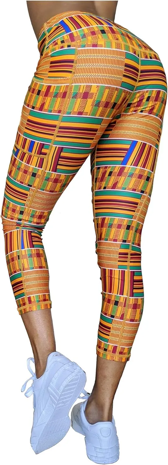 Washoge ESI Kente African Print Women's High Waist Yoga Tights/Pants Workout Leggings with Pockets (XS-2X)