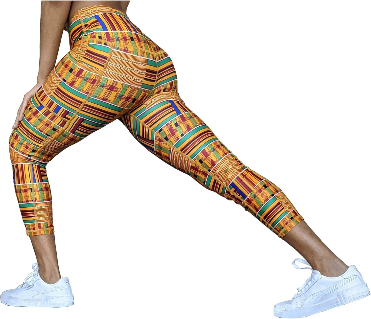 Washoge ESI Kente African Print Women's High Waist Yoga Tights/Pants Workout Leggings with Pockets (XS-2X)
