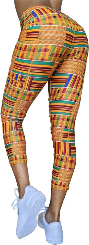 Washoge ESI Kente African Print Women's High Waist Yoga Tights/Pants Workout Leggings with Pockets (XS-2X)