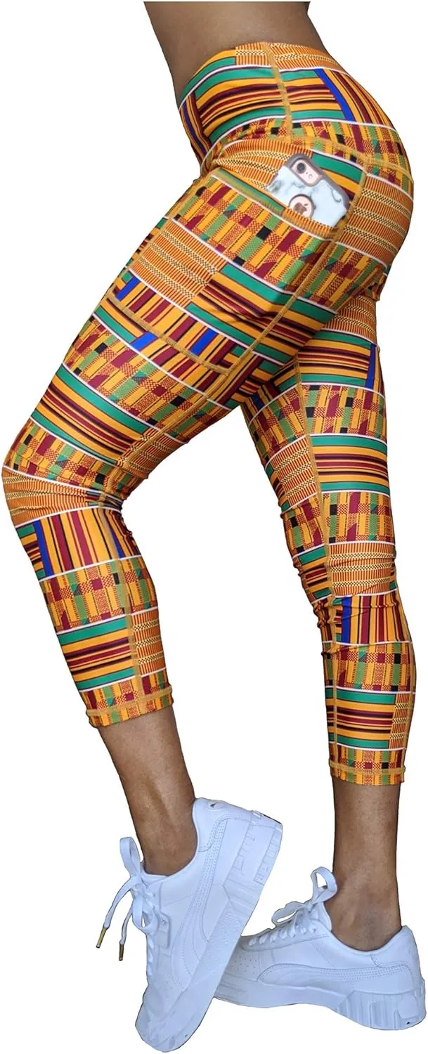 Washoge ESI Kente African Print Women's High Waist Yoga Tights/Pants Workout Leggings with Pockets (XS-2X)