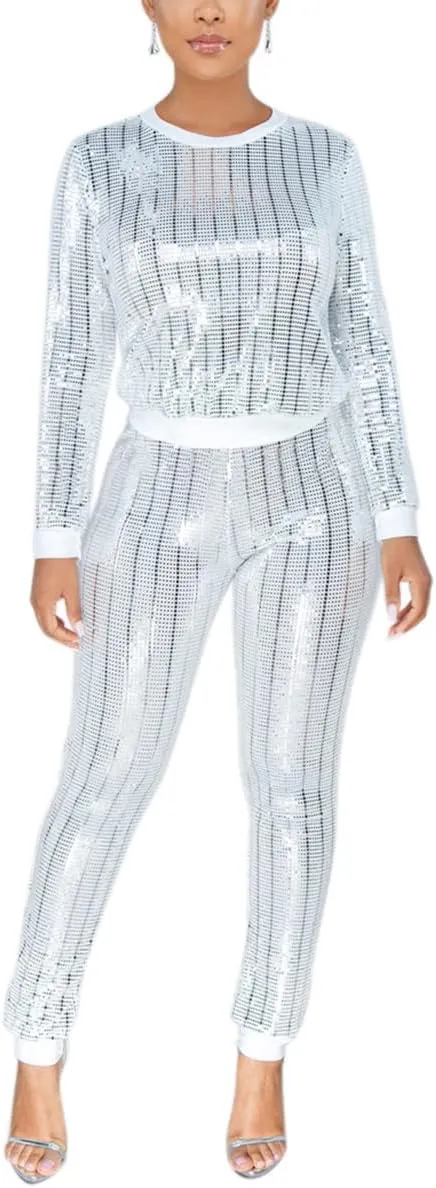 WOKANSE Women's Sequin Glitter Long Sleeve Sweatshirts and Skinny Long Pants Two Piece Outfits