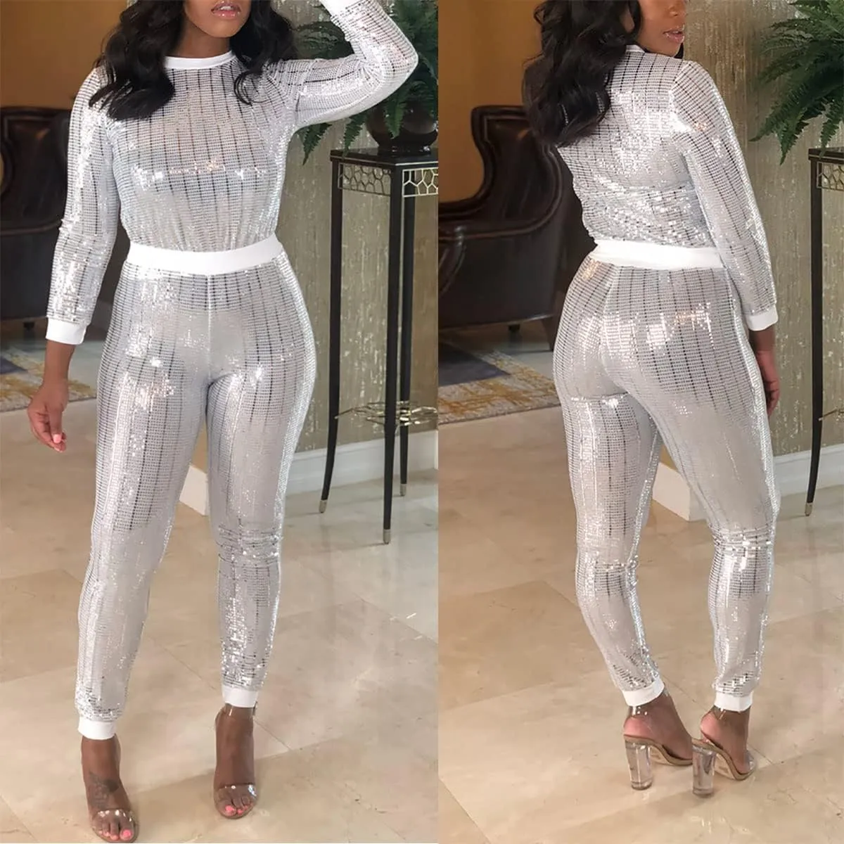 WOKANSE Women's Sequin Glitter Long Sleeve Sweatshirts and Skinny Long Pants Two Piece Outfits