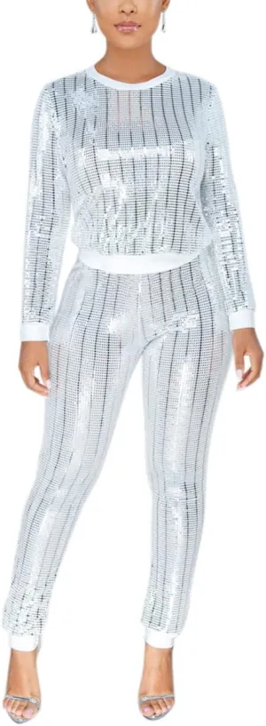 WOKANSE Women's Sequin Glitter Long Sleeve Sweatshirts and Skinny Long Pants Two Piece Outfits