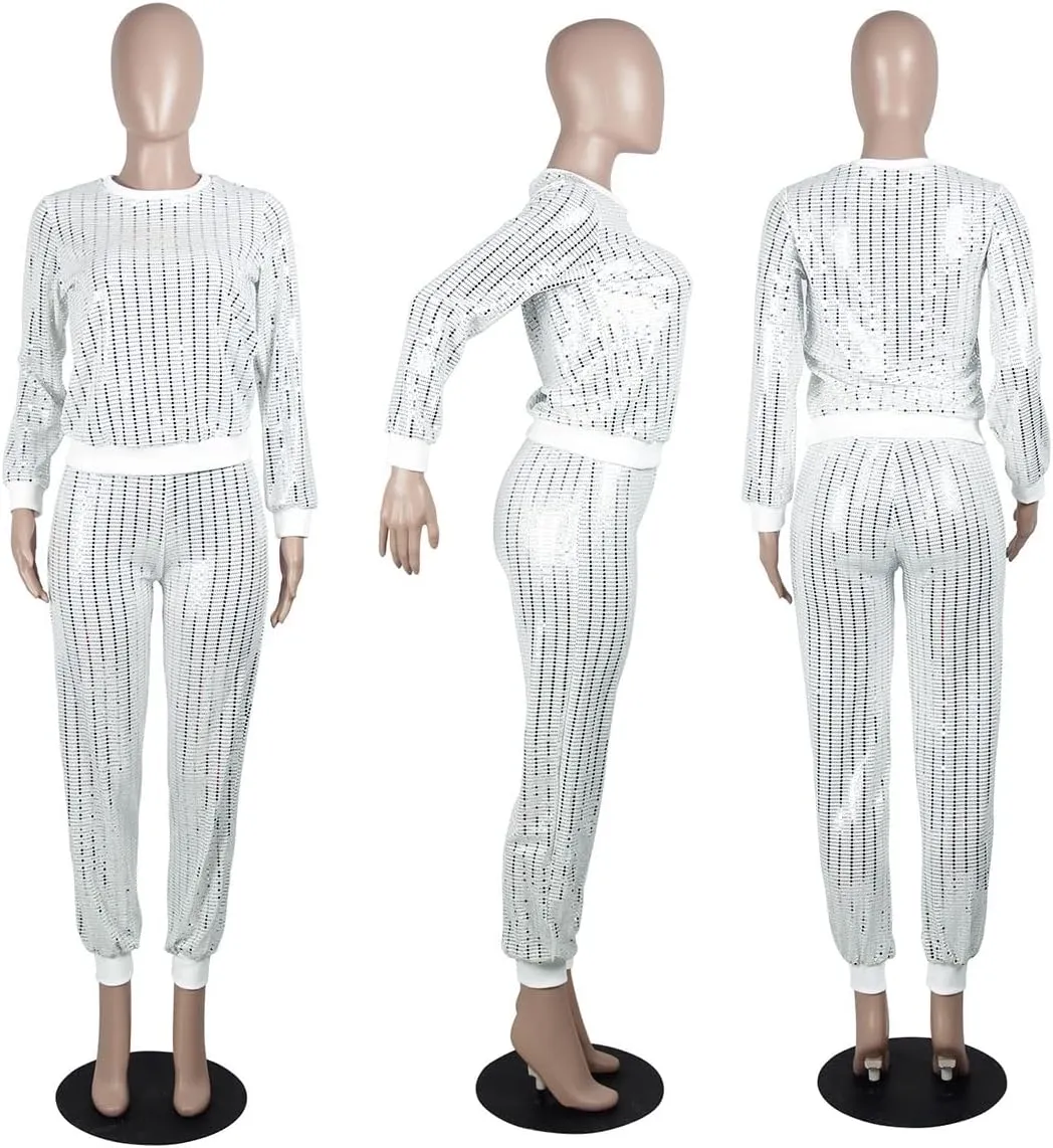WOKANSE Women's Sequin Glitter Long Sleeve Sweatshirts and Skinny Long Pants Two Piece Outfits