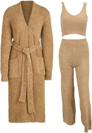 Women Fuzzy Pajamas Winter Sleep Wear Top Vest High Waisted Pants Loungewear Set