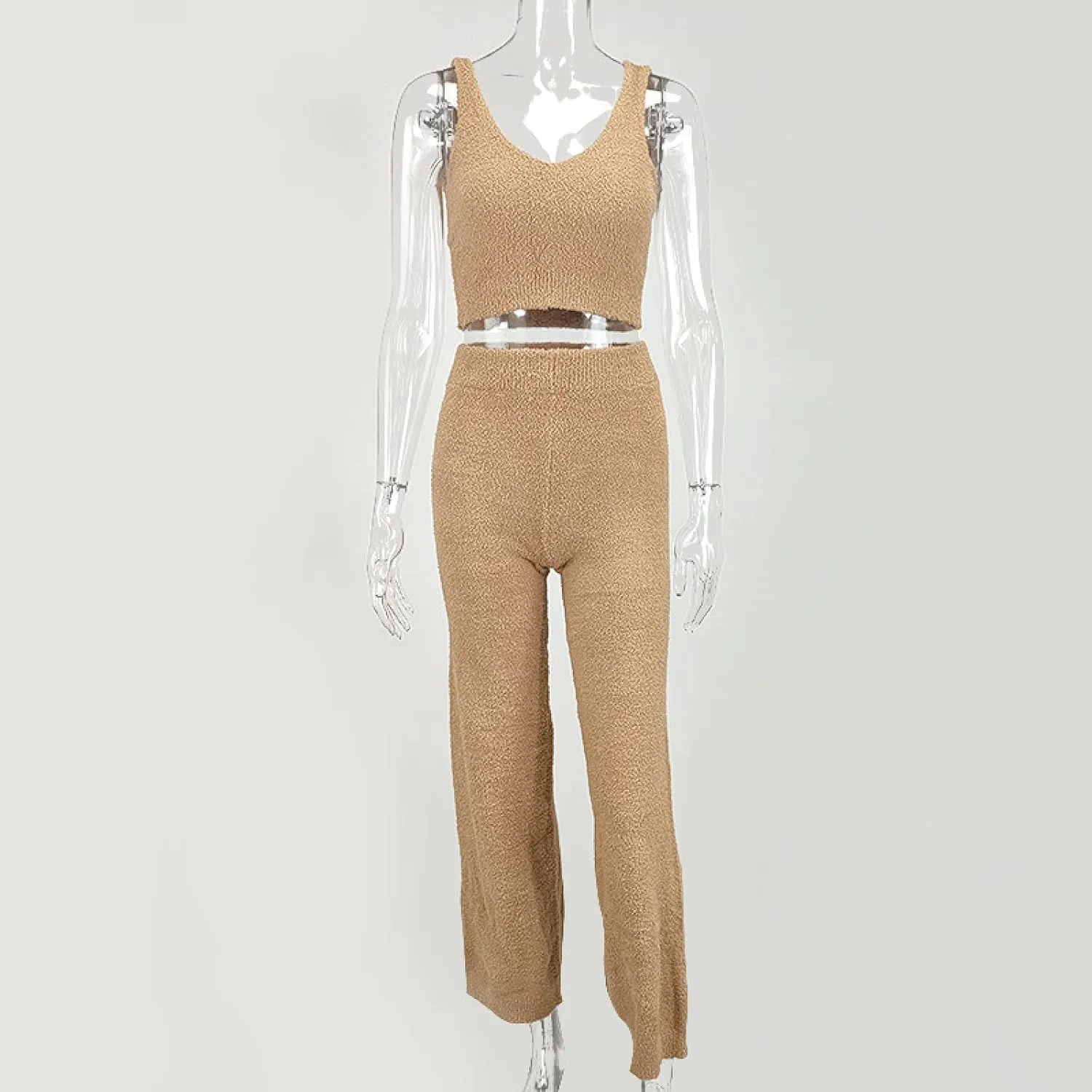 Women Fuzzy Pajamas Winter Sleep Wear Top Vest High Waisted Pants Loungewear Set
