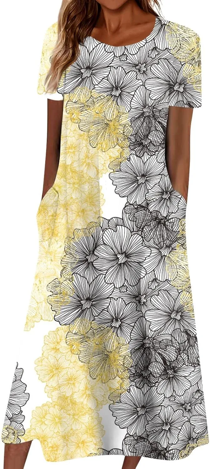 Women's 2024 Fashion Casual Print Plus Size Basic Dresses O Neck Flowy Summer Short Sleeve Dress with Pockets