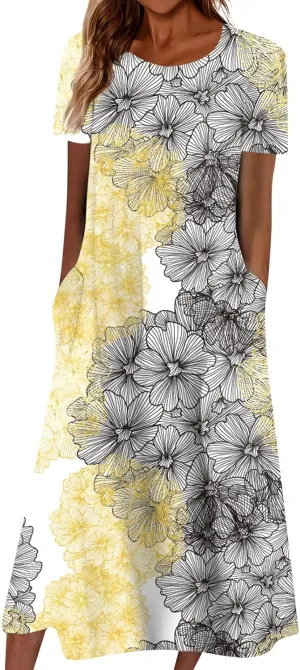 Women's 2024 Fashion Casual Print Plus Size Basic Dresses O Neck Flowy Summer Short Sleeve Dress with Pockets