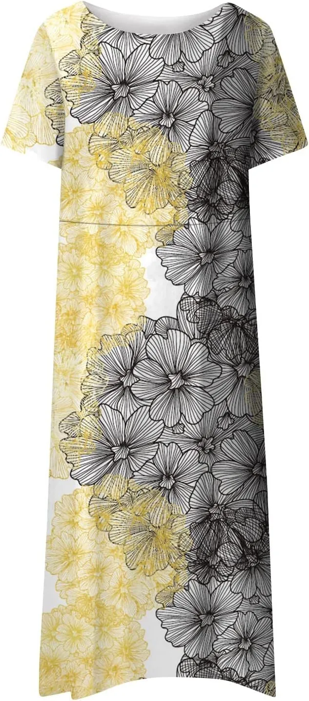 Women's 2024 Fashion Casual Print Plus Size Basic Dresses O Neck Flowy Summer Short Sleeve Dress with Pockets