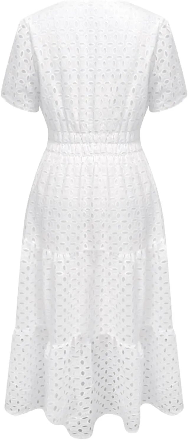 Women's 2025 Summer Short Sleeve Maxi Dress Casual V Neck A Line Hollow Out Eyelet Ruffle Swing Flowy Long Dresses
