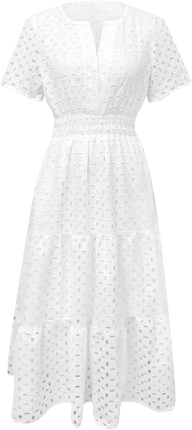 Women's 2025 Summer Short Sleeve Maxi Dress Casual V Neck A Line Hollow Out Eyelet Ruffle Swing Flowy Long Dresses