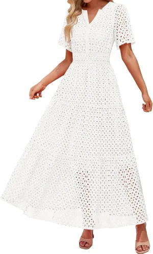Women's 2025 Summer Short Sleeve Maxi Dress Casual V Neck A Line Hollow Out Eyelet Ruffle Swing Flowy Long Dresses