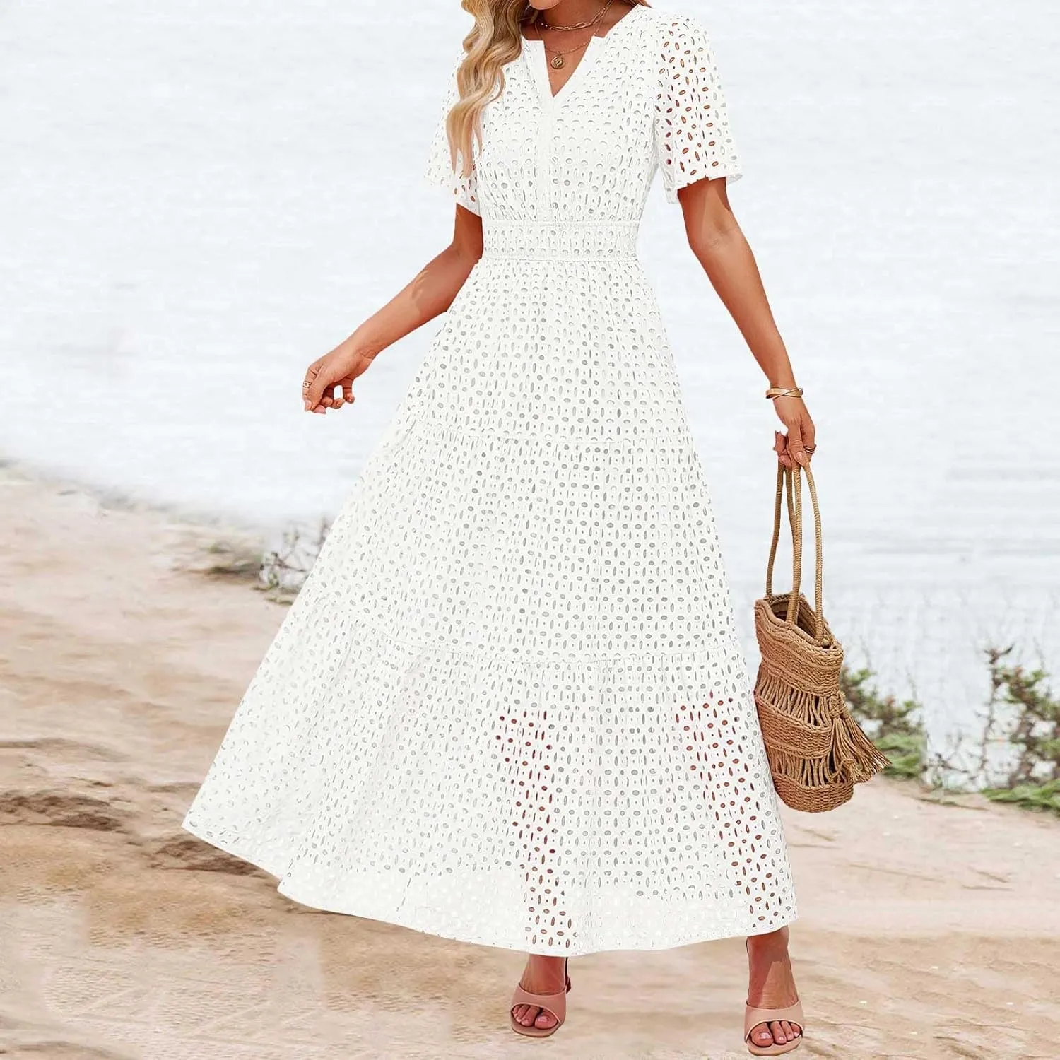 Women's 2025 Summer Short Sleeve Maxi Dress Casual V Neck A Line Hollow Out Eyelet Ruffle Swing Flowy Long Dresses