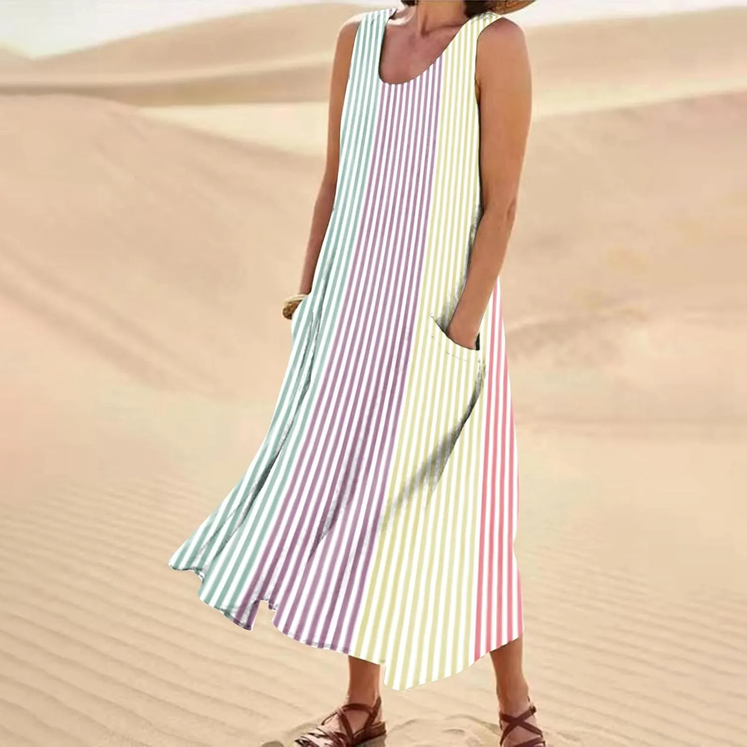 Women's Casual Sleeveless Maxi Dress 2025 Summer Tank Scoop Neck Loose Beach Sundress Beach Vacation Dresses