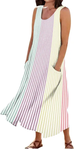 Women's Casual Sleeveless Maxi Dress 2025 Summer Tank Scoop Neck Loose Beach Sundress Beach Vacation Dresses