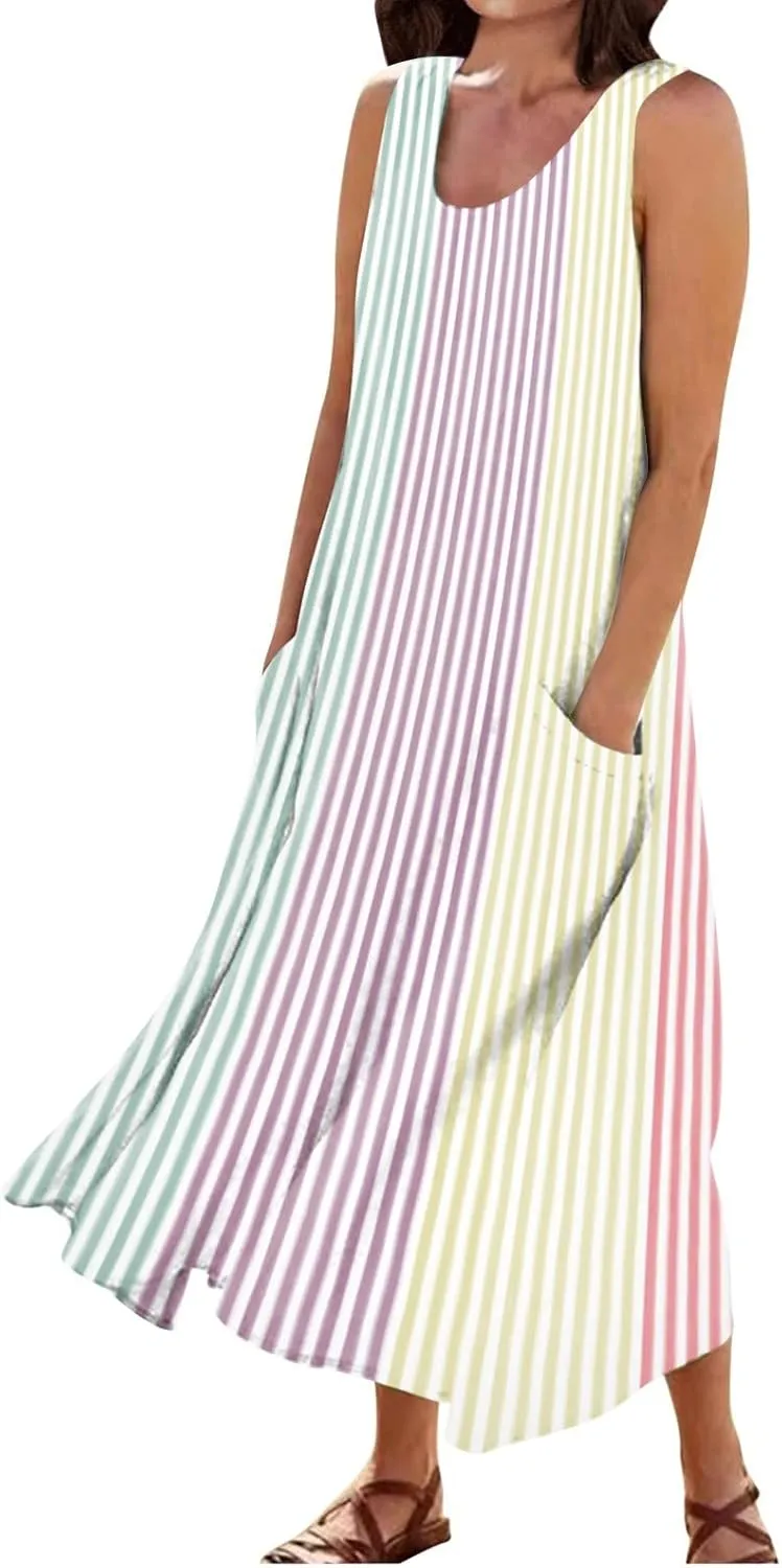 Women's Casual Sleeveless Maxi Dress 2025 Summer Tank Scoop Neck Loose Beach Sundress Beach Vacation Dresses