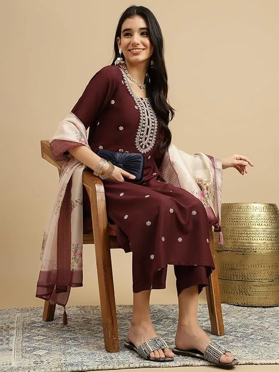 Women's Embroidered Chinon Kurta and Pant with Dupatta Ethnic Set Traditional Kurti for Women's