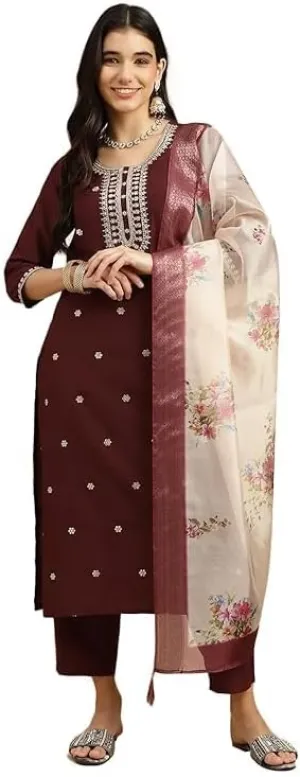 Women's Embroidered Chinon Kurta and Pant with Dupatta Ethnic Set Traditional Kurti for Women's