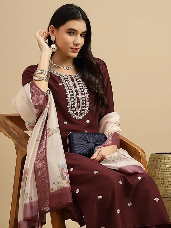 Women's Embroidered Chinon Kurta and Pant with Dupatta Ethnic Set Traditional Kurti for Women's