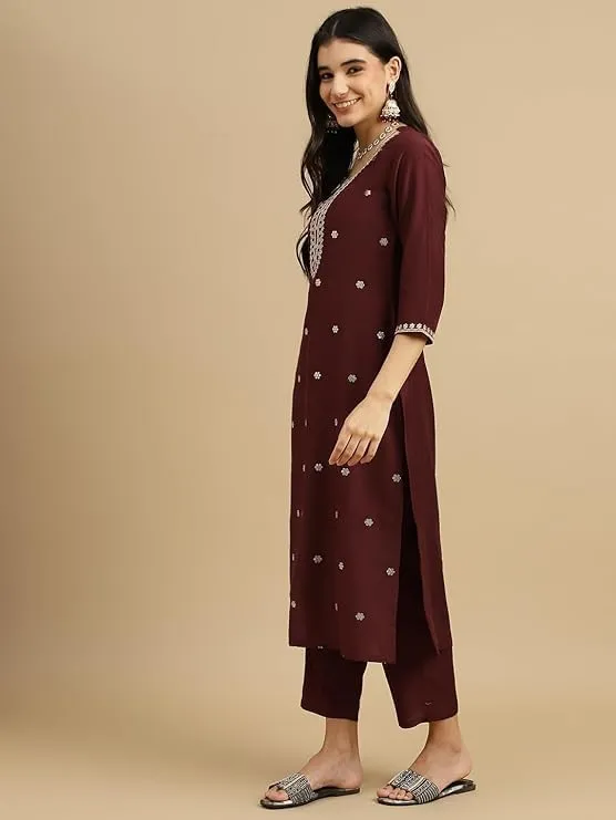 Women's Embroidered Chinon Kurta and Pant with Dupatta Ethnic Set Traditional Kurti for Women's