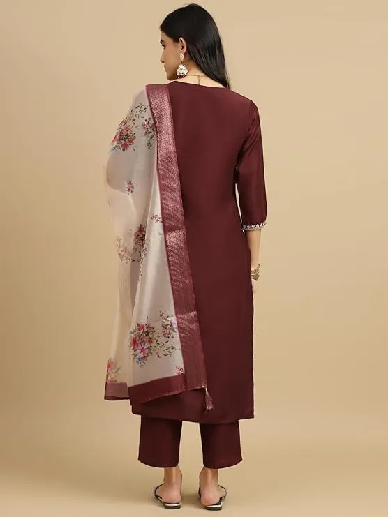Women's Embroidered Chinon Kurta and Pant with Dupatta Ethnic Set Traditional Kurti for Women's