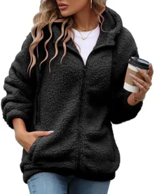 Womens Fleece Jacket Fall Winter Full Zip Sherpa Coat with Hood S-5XL