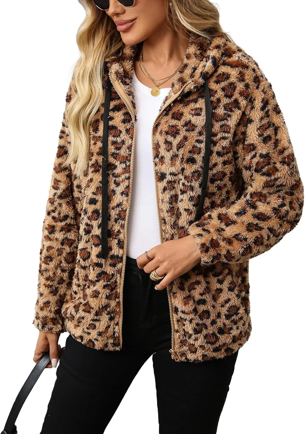 Womens Fleece Jacket Fall Winter Full Zip Sherpa Coat with Hood S-5XL