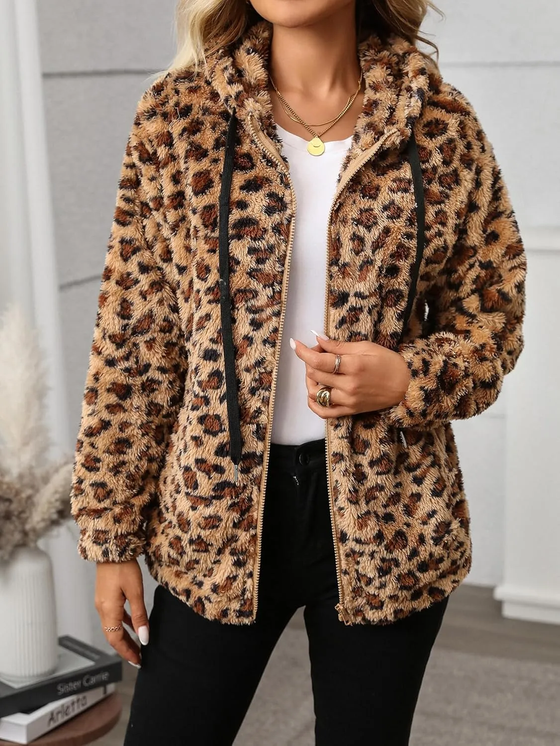Womens Fleece Jacket Fall Winter Full Zip Sherpa Coat with Hood S-5XL
