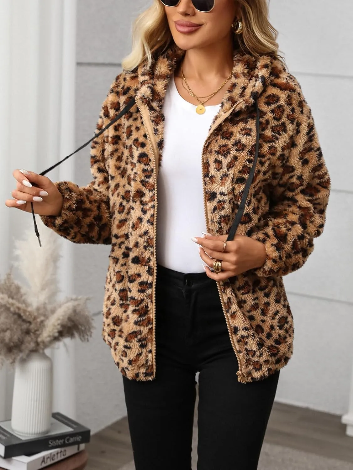 Womens Fleece Jacket Fall Winter Full Zip Sherpa Coat with Hood S-5XL