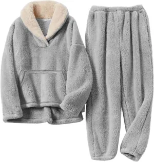 Women's Fluffy Pajamas Sets Fleece Loungewear Sleepwear Long Sleeve Pullover and Pants Set
