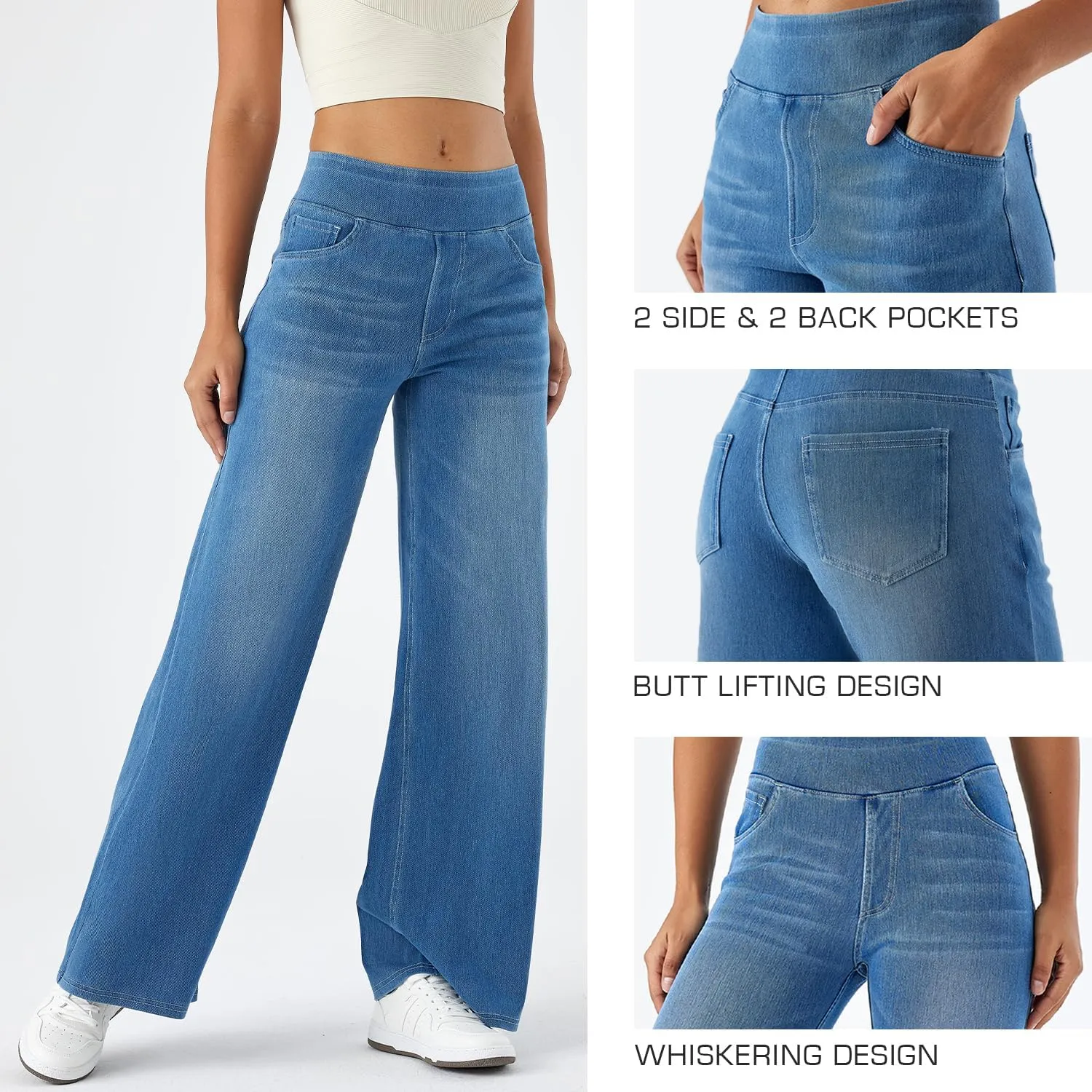Women's High Waisted Wide Leg Jeggings  Stretch Denim Pull On Flare Jeans with Pockets Casual Comfy Pants