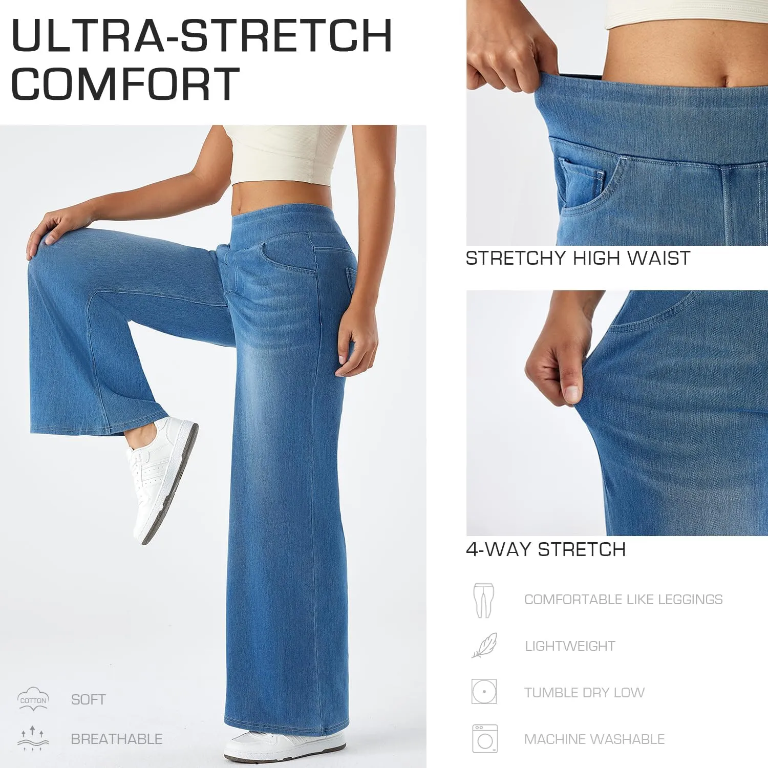 Women's High Waisted Wide Leg Jeggings  Stretch Denim Pull On Flare Jeans with Pockets Casual Comfy Pants