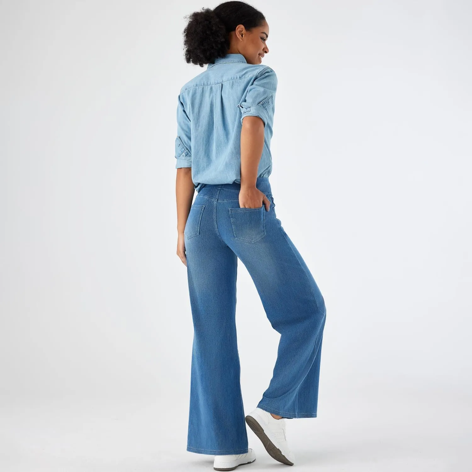 Women's High Waisted Wide Leg Jeggings  Stretch Denim Pull On Flare Jeans with Pockets Casual Comfy Pants