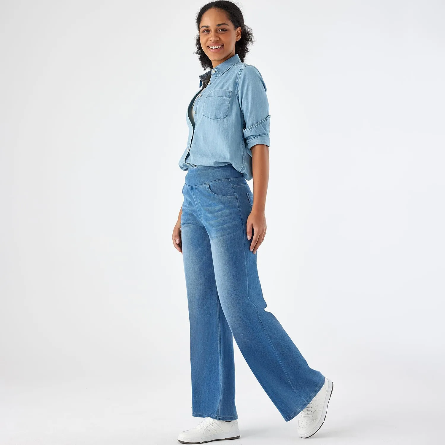Women's High Waisted Wide Leg Jeggings  Stretch Denim Pull On Flare Jeans with Pockets Casual Comfy Pants