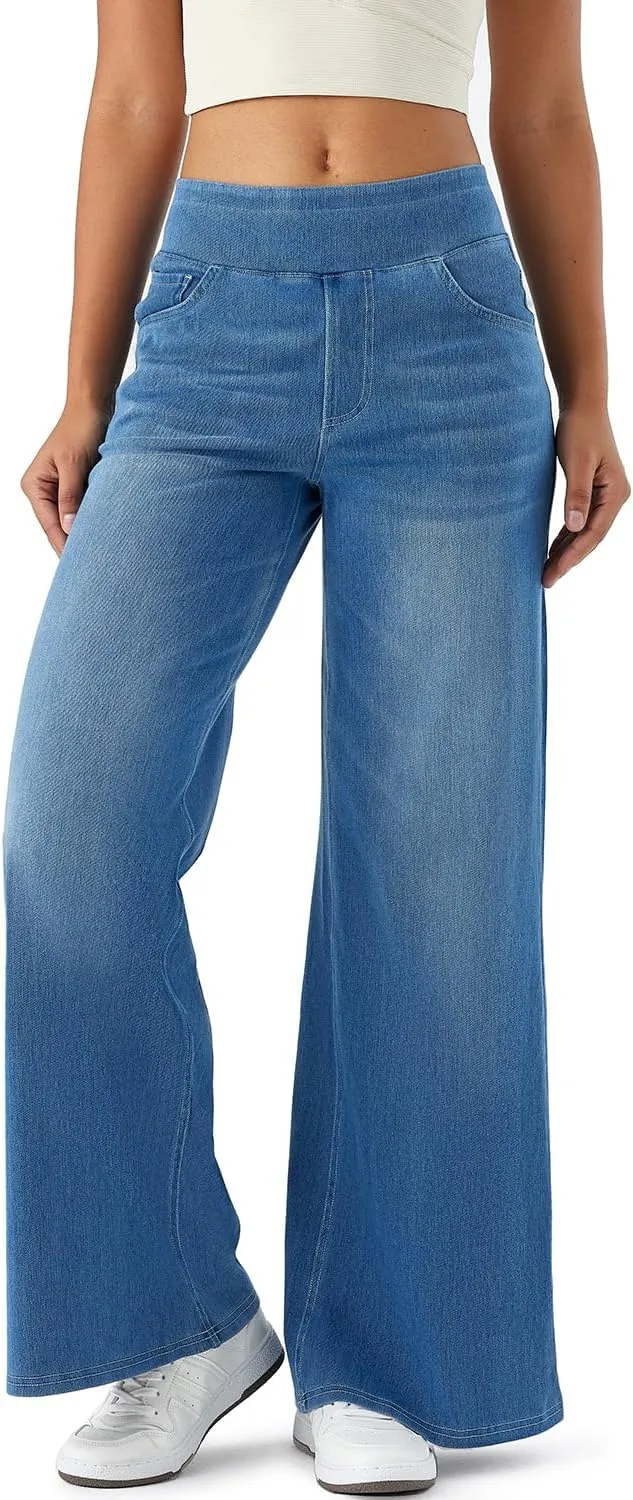 Women's High Waisted Wide Leg Jeggings  Stretch Denim Pull On Flare Jeans with Pockets Casual Comfy Pants