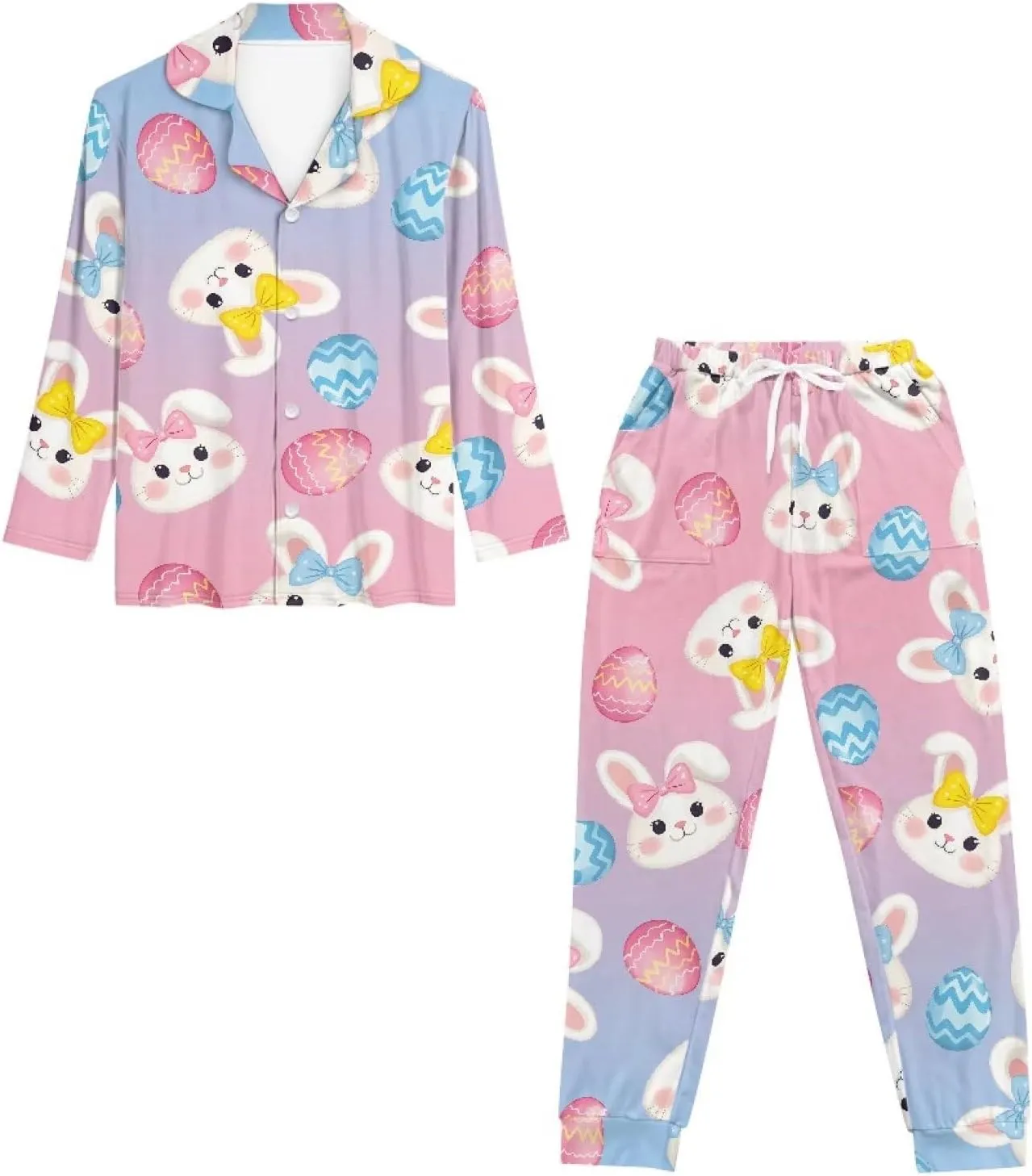 Women's Long Sleeve Button Down Pajama Sets Sleepwear Nightwear with Pockets Drawstring Soft Pjs Lounge Sets S-2XL