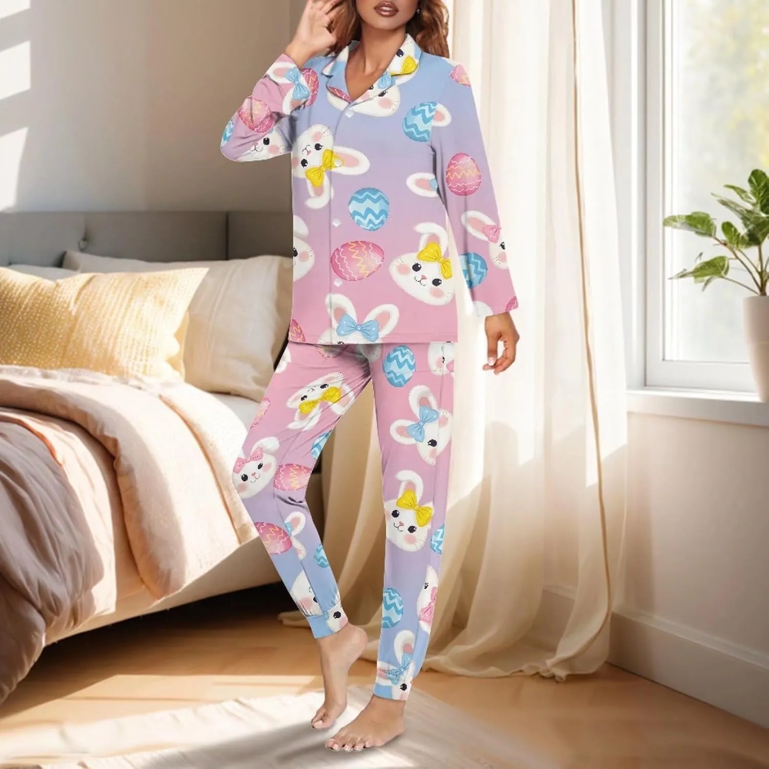 Women's Long Sleeve Button Down Pajama Sets Sleepwear Nightwear with Pockets Drawstring Soft Pjs Lounge Sets S-2XL