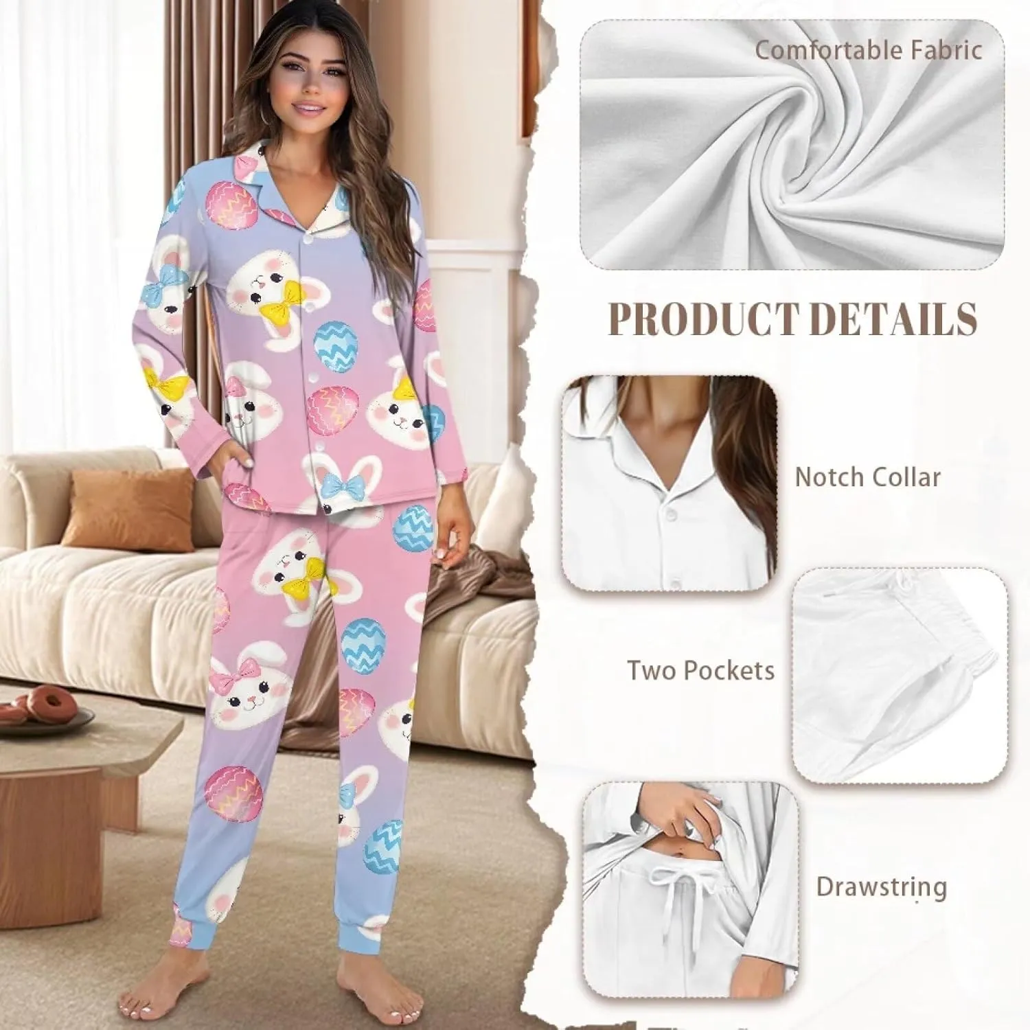 Women's Long Sleeve Button Down Pajama Sets Sleepwear Nightwear with Pockets Drawstring Soft Pjs Lounge Sets S-2XL
