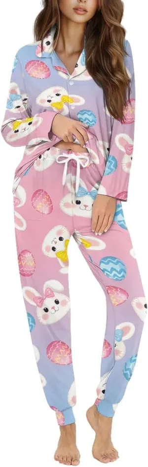 Women's Long Sleeve Button Down Pajama Sets Sleepwear Nightwear with Pockets Drawstring Soft Pjs Lounge Sets S-2XL