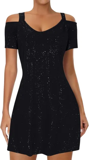 Women's Sparkly Sequin Homecoming Dresses 2025 Summer Sexy Short Sleeve V Neck Cocktail Party Mini Dress Plus Size