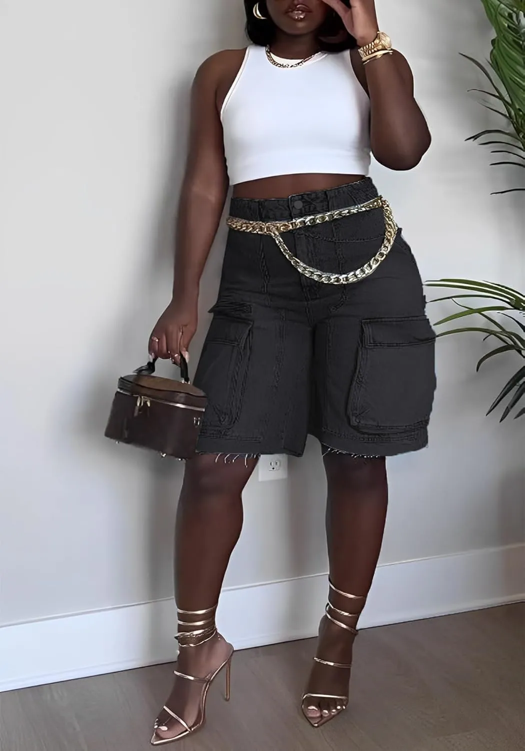 Women's Summer Bermuda Knee Length Denim Shorts High Waist Casual Baggy Cargo Short Jean Pants Trendy