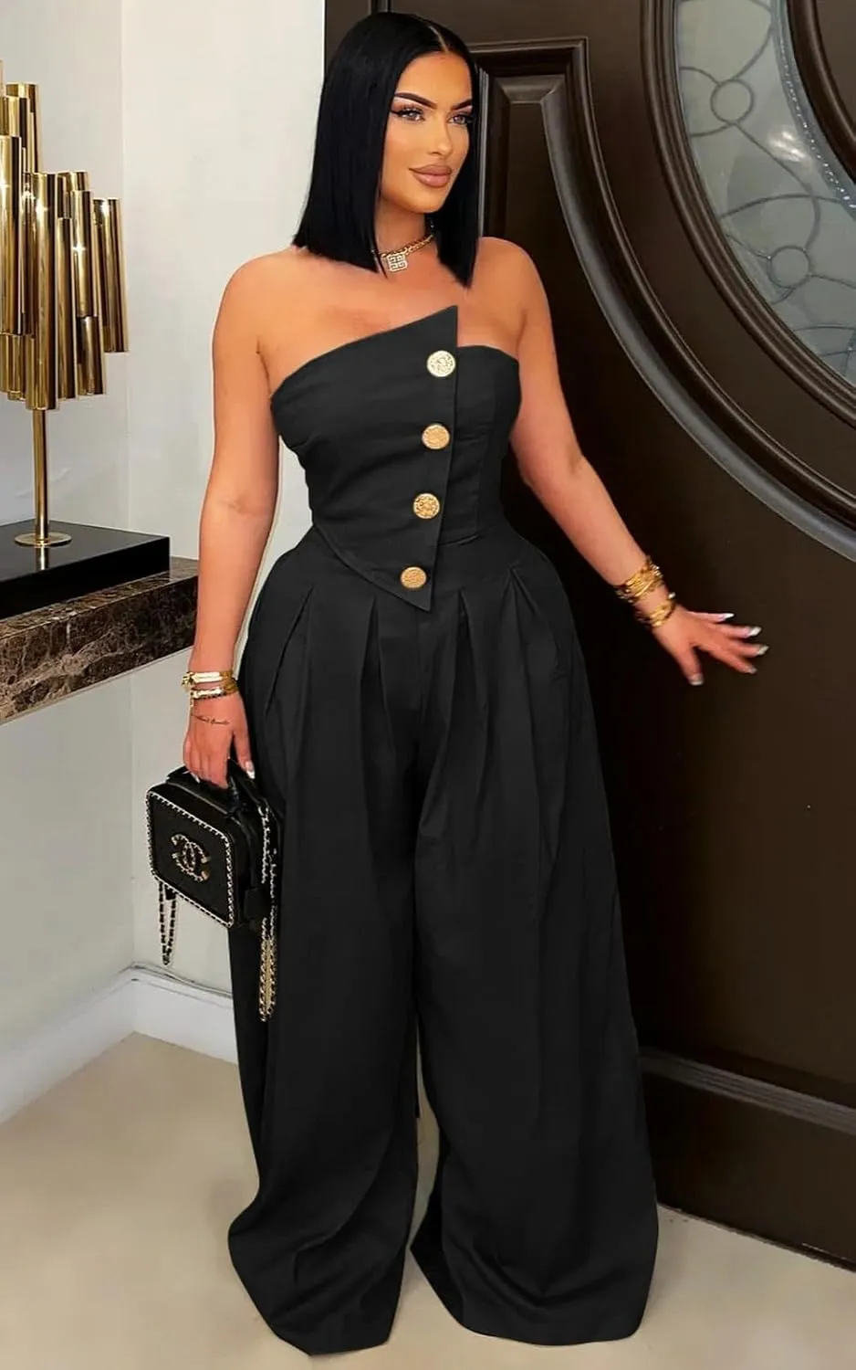 Women's Summer Long Strapless Wide Leg Jumpsuit Sexy Vacation Button Strapless Rompers
